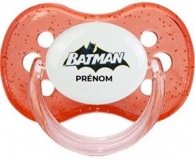 Batman logo design-2 avec prénom : Rouge à paillette Tétine embout cerise