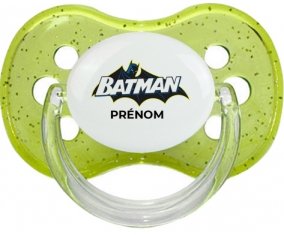 Batman logo design-2 avec prénom : Vert à paillette Tétine embout cerise