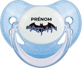 Batman logo design-3 avec prénom : Bleue à paillette Tétine embout physiologique