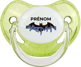 Batman logo design-3 avec prénom : Vert à paillette Tétine embout physiologique