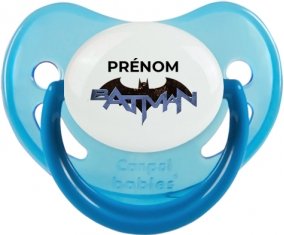Batman logo design-3 avec prénom : Bleue phosphorescente Tétine embout physiologique