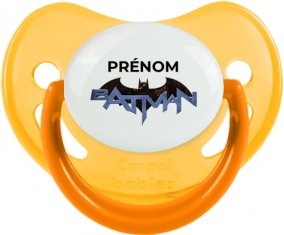Batman logo design-3 avec prénom : Jaune phosphorescente Tétine embout physiologique