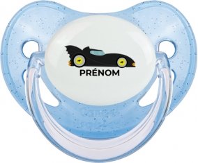 Batmobile design-2 avec prénom : Bleue à paillette Tétine embout physiologique