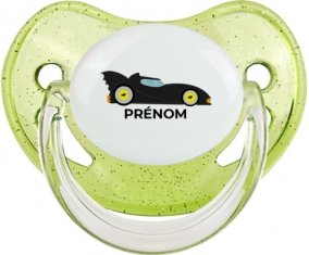 Batmobile design-2 avec prénom : Vert à paillette Tétine embout physiologique