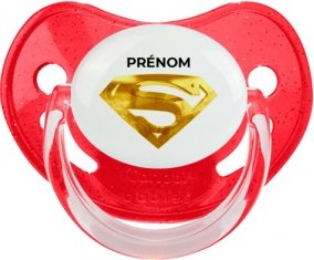 Logo Superman doré avec prénom : Rouge à paillette Tétine embout physiologique