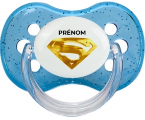 Logo Superman doré avec prénom : Bleu à paillette Tétine embout cerise