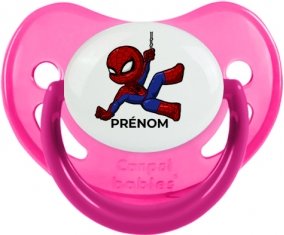 Spiderman kids design-1 avec prénom : Rose phosphorescente Tétine embout physiologique
