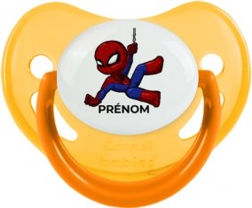 Spiderman kids design-1 avec prénom : Jaune phosphorescente Tétine embout physiologique