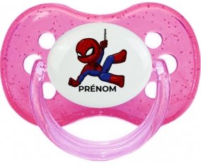 Spiderman kids design-1 avec prénom : Rose à paillette Tétine embout cerise