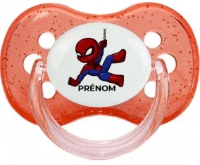 Spiderman kids design-1 avec prénom : Rouge à paillette Tétine embout cerise