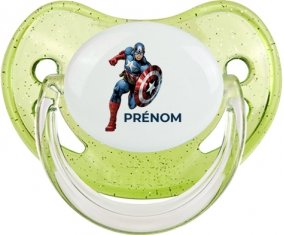 Captain America design-1 avec prénom : Vert à paillette Tétine embout physiologique