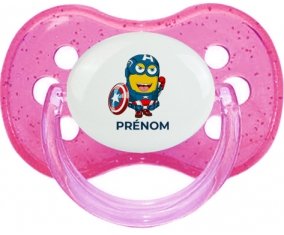 Captain America minion avec prénom : Rose à paillette Tétine embout cerise
