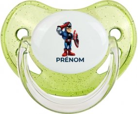 Captain America design-2 avec prénom : Vert à paillette Tétine embout physiologique