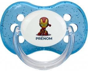 Iron man kids avec prénom : Bleu à paillette Tétine embout cerise