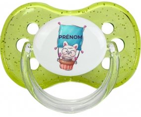 Animaux rigolos Chat avec prénom : Vert à paillette Tétine embout cerise