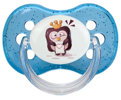 Animaux rigolos Pinguin lettre cœur : Bleu à paillette Tétine embout cerise