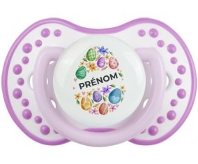 Oeuf de Pâques design-1 avec prénom : Blanc-mauve classique Tétine embout Lovi Dynamic