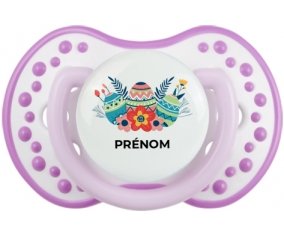Oeuf de Pâques design-5 avec prénom : Blanc-mauve classique Tétine embout Lovi Dynamic