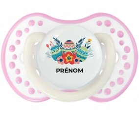 Oeuf de Pâques design-5 avec prénom : Blanc-rose phosphorescente Tétine embout Lovi Dynamic
