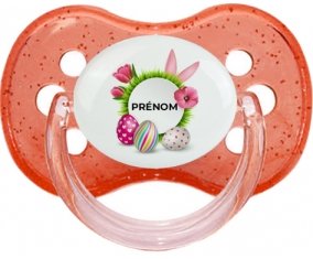 Oeuf de Pâques design-6 avec prénom : Rouge à paillette Tétine embout cerise