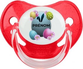 Oeuf de Pâques design-8 avec prénom : Rouge à paillette Tétine embout physiologique