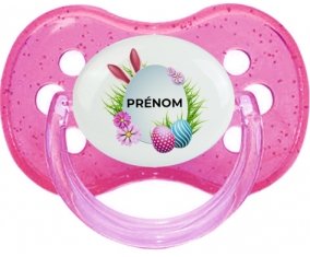 Oeuf de Pâques design-9 avec prénom : Rose à paillette Tétine embout cerise