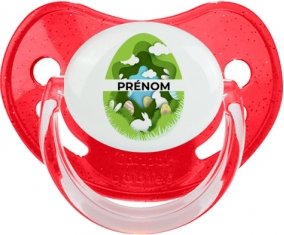 Oeuf de Pâques design-11 avec prénom : Rouge à paillette Tétine embout physiologique