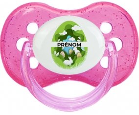 Oeuf de Pâques design-11 avec prénom : Rose à paillette Tétine embout cerise