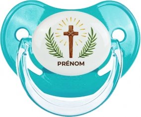 Croix christ avec prénom : Bleue classique Tétine embout physiologique