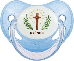 Croix christ avec prénom : Bleue à paillette Tétine embout physiologique