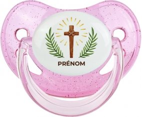 Croix christ avec prénom : Rose à paillette Tétine embout physiologique