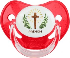 Croix christ avec prénom : Rouge à paillette Tétine embout physiologique