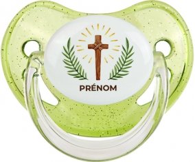 Croix christ avec prénom : Vert à paillette Tétine embout physiologique