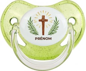 Croix christ avec prénom : Vert à paillette Tétine embout physiologique