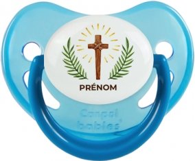 Croix christ avec prénom : Bleue phosphorescente Tétine embout physiologique