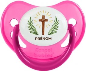 Croix christ avec prénom : Rose phosphorescente Tétine embout physiologique