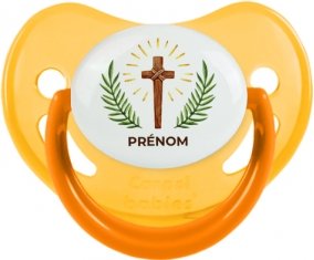 Croix christ avec prénom : Jaune phosphorescente Tétine embout physiologique