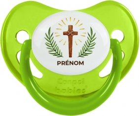 Croix christ avec prénom : Vert phosphorescente Tétine embout physiologique