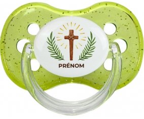 Croix christ avec prénom : Vert à paillette Tétine embout cerise