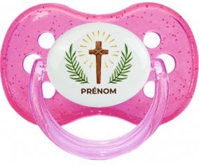 Croix christ avec prénom : Rose à paillette Tétine embout cerise