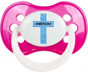 Croix christ bleue avec prénom : Rose foncé classique Tétine embout anatomique