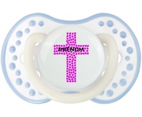 Croix christ rose avec prénom : Blanc-cyan classique Tétine embout Lovi Dynamic