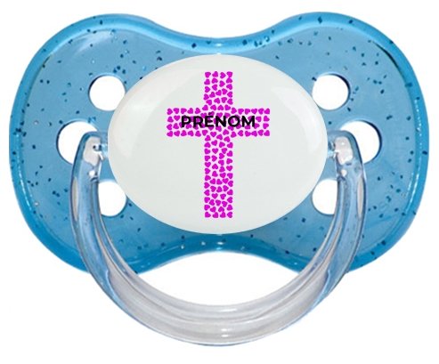 Croix christ rose avec prénom : Bleu à paillette Tétine embout cerise
