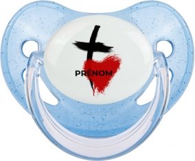 Croix + cœur avec prénom : Bleue à paillette Tétine embout physiologique