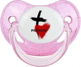 Croix + cœur avec prénom : Rose à paillette Tétine embout physiologique