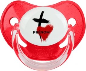 Croix + cœur avec prénom : Rouge à paillette Tétine embout physiologique