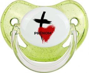 Croix + cœur avec prénom : Vert à paillette Tétine embout physiologique