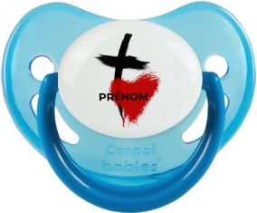 Croix + cœur avec prénom : Bleue phosphorescente Tétine embout physiologique