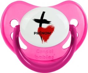 Croix + cœur avec prénom : Rose phosphorescente Tétine embout physiologique