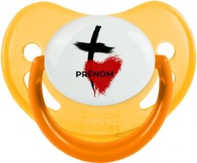 Croix + cœur avec prénom : Jaune phosphorescente Tétine embout physiologique
